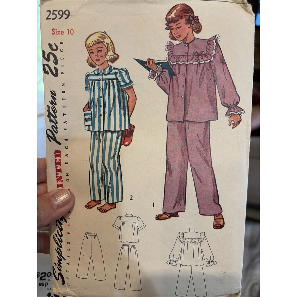 Pajamas Girls 10 Sleep Set Simplicity 2599 Sewing Pattern VTG 40’s Shirt Pants
